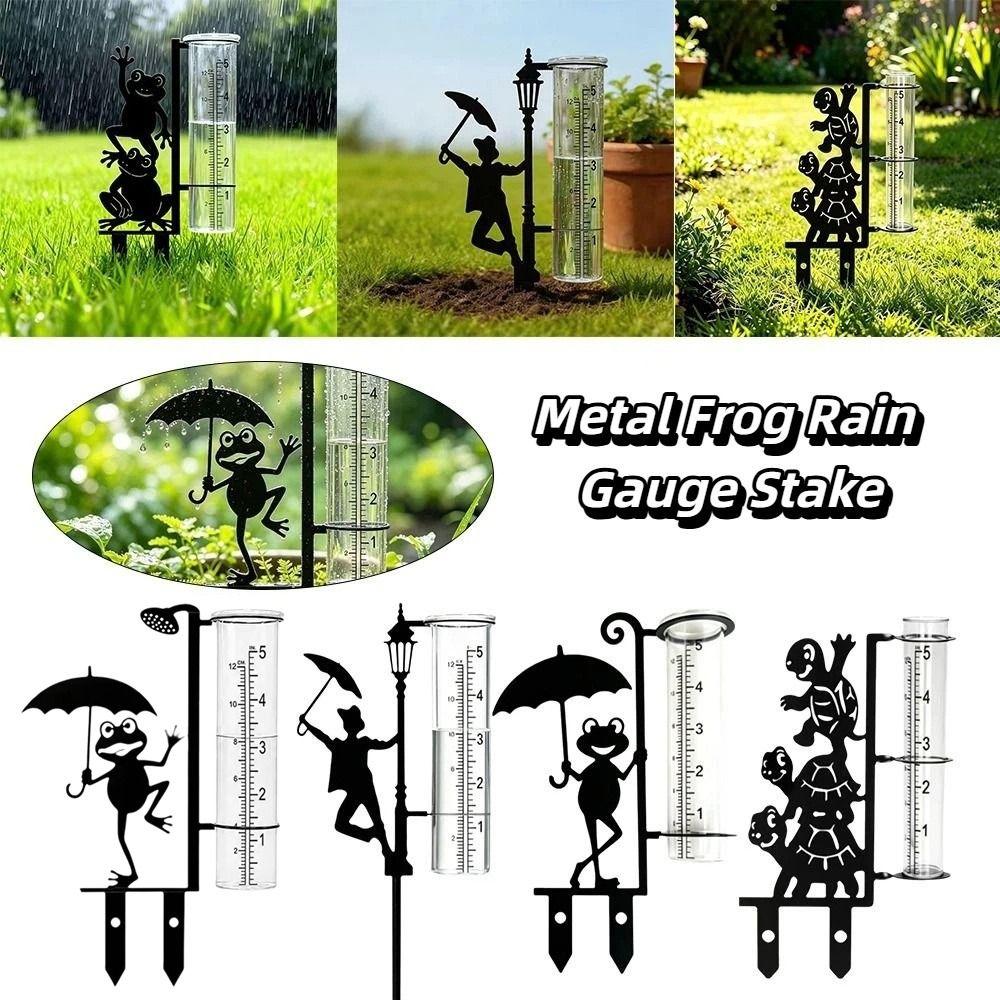 Rustproof Metal Frog Rain Gauge Stake Iron Art Glass Rain Measuring Tube Bird Watching
