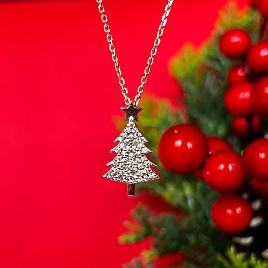 Christmas Tree Pendant Necklace with Star and Cubic Zirconia