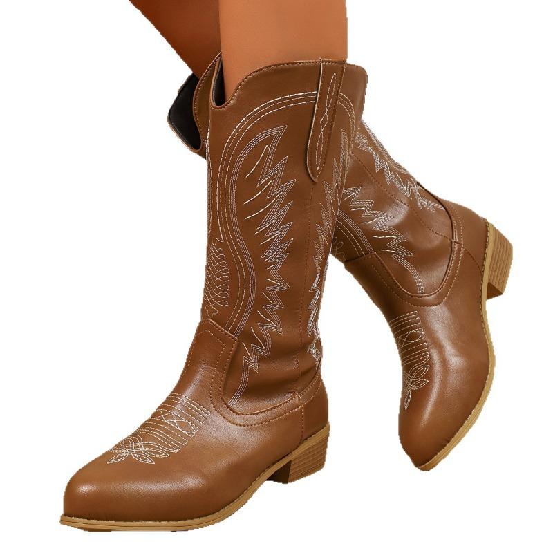 Large-sized Embroidered High-top Boots, Women's Shoes, Casual Chunk-heeled Knight Boots, Riding Boots
