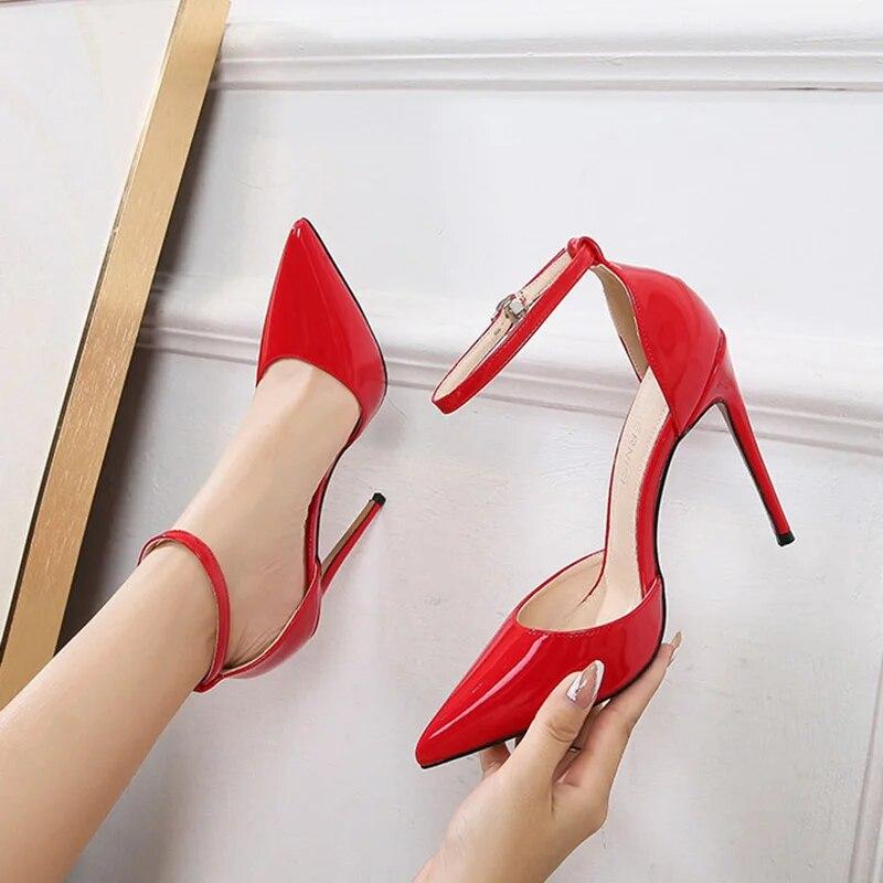 Women OL Sexy 12cm Point Toe Heels Ladies Stiletto Shoes Pointed Toe Shimmer Sexy Buckle 12cm Heel WZ