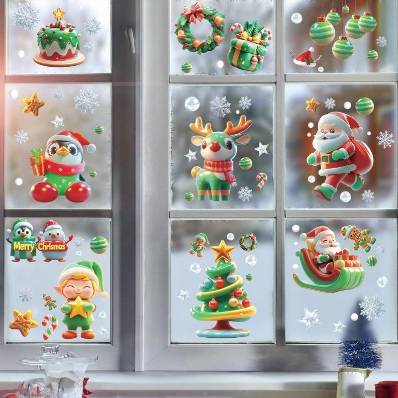 9 Sheetsset Of Christmas Tree Snowman Static Glass Door Stickers Removable Window Stickers New Year Scene Decoration