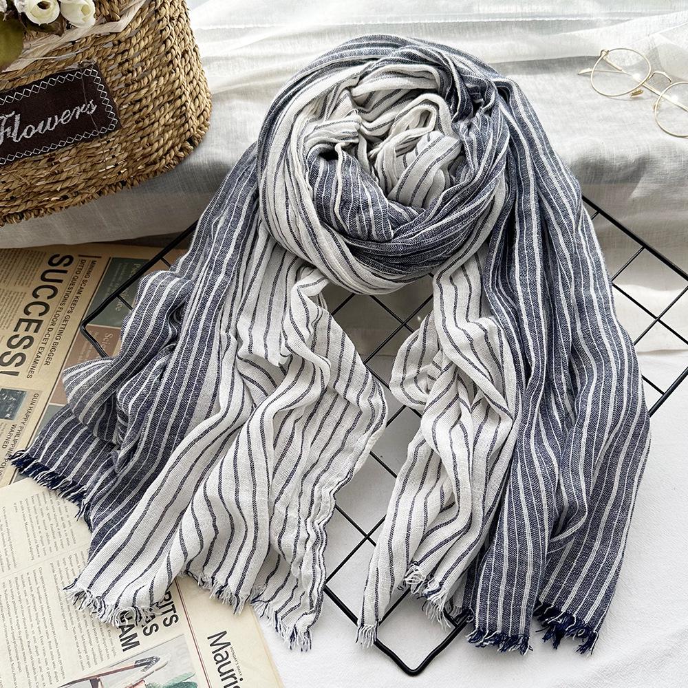 Japanese & Korean Style Autumn/Winter Unisex Striped Scarf In Cotton, Linen & Silk