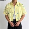 INCERUN Oversized Men Turn-down Collar Dropped Shoulder Button Up Print Casual Cropped Shirts