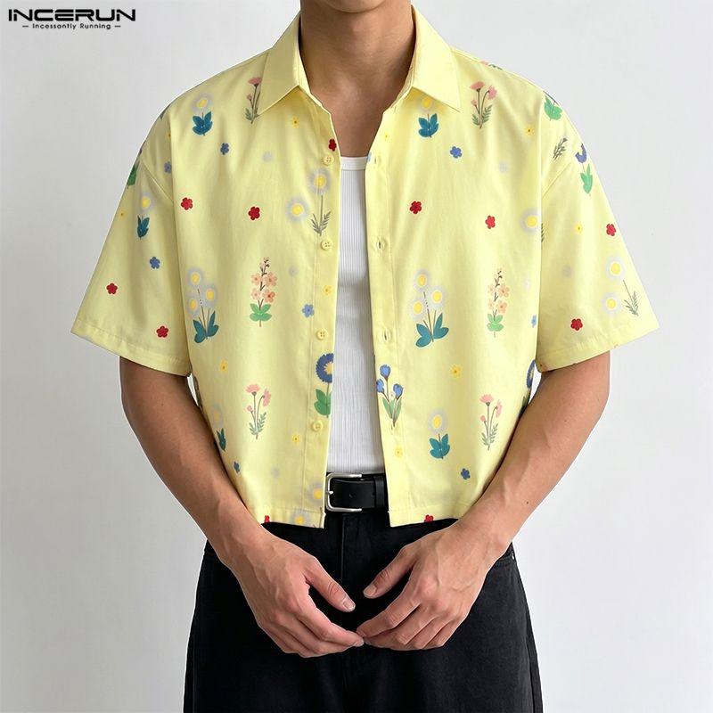 INCERUN Oversized Men Turn-down Collar Dropped Shoulder Button Up Print Casual Cropped Shirts