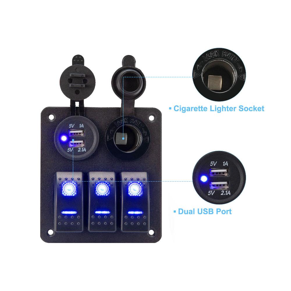 3 Gang 12V/24V LED Rocker Switch Panel Dual USB Port Cigarette Lighter Socket ON Off Switch Panel for Cars Rvs Boats Yachts