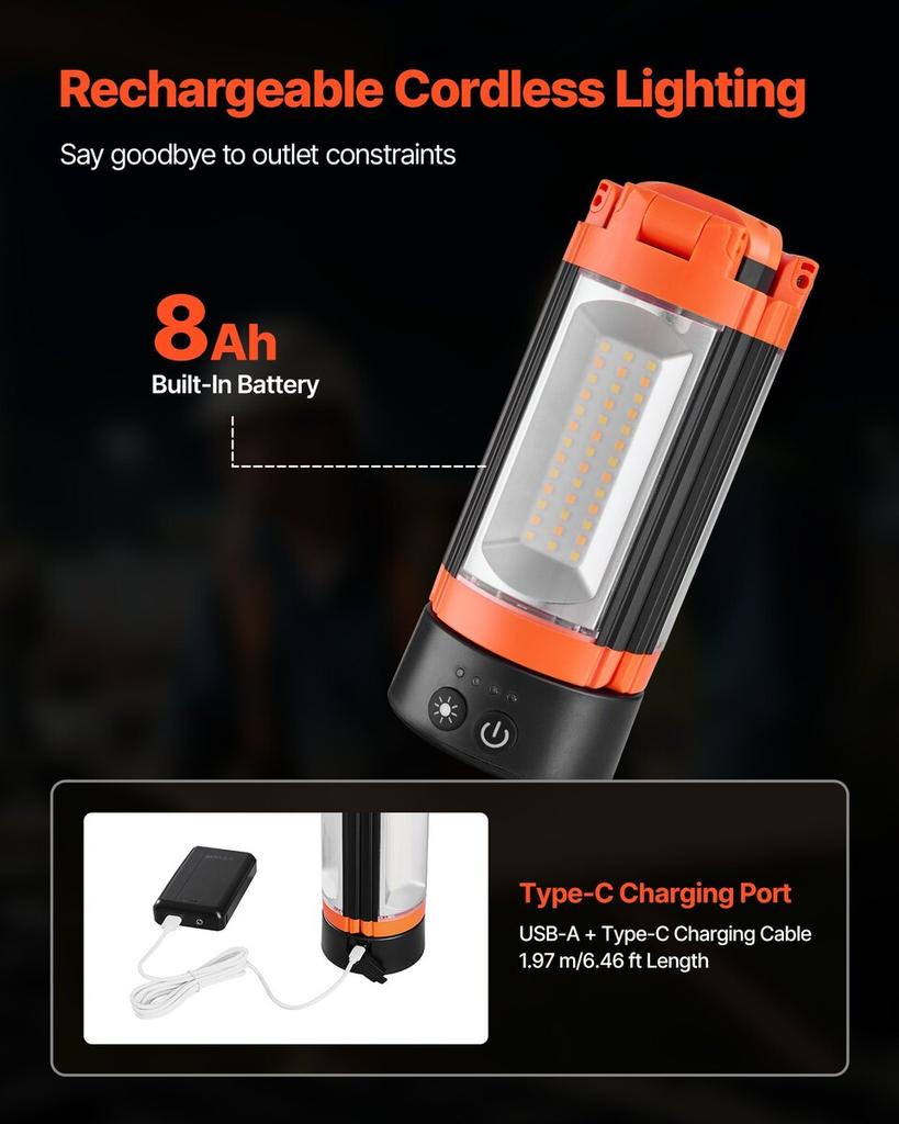 LED Work Light with Stand, 8Ah, Rechargeable Cordless Camping Light, with 3 Lamp Heads, Detachable Tripod Stand, 2200 Lumens 3000K-6500K Dimmable,
