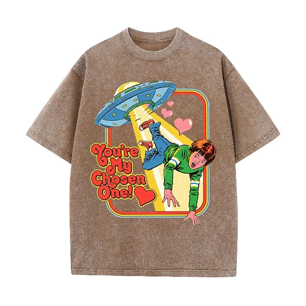 2026 Youre My Chosen One Retro Ufo Alien Abduction Boy Graphic Washed T Shirt Funny Love Meme Casual Oversized Short Sleeve Str