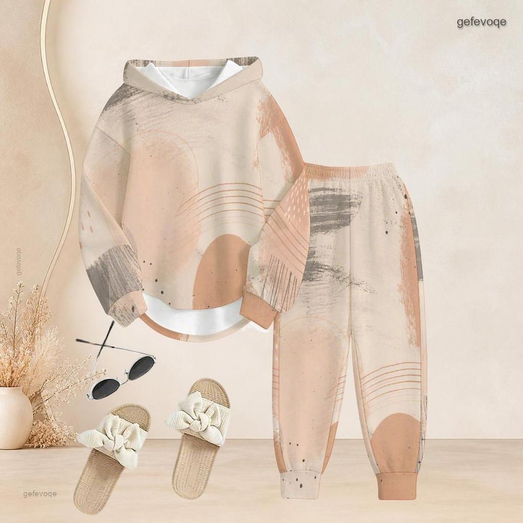 Women Plus Size Two Piece Set Abstract Leaf Printed Hooded Long Sleeve Top Cuffed Pants
