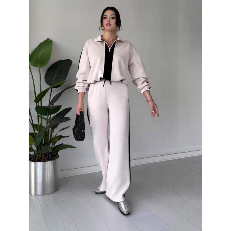 2025 Autumn Women's Fashion Color Block Casual Knitted Two-Piece Set
