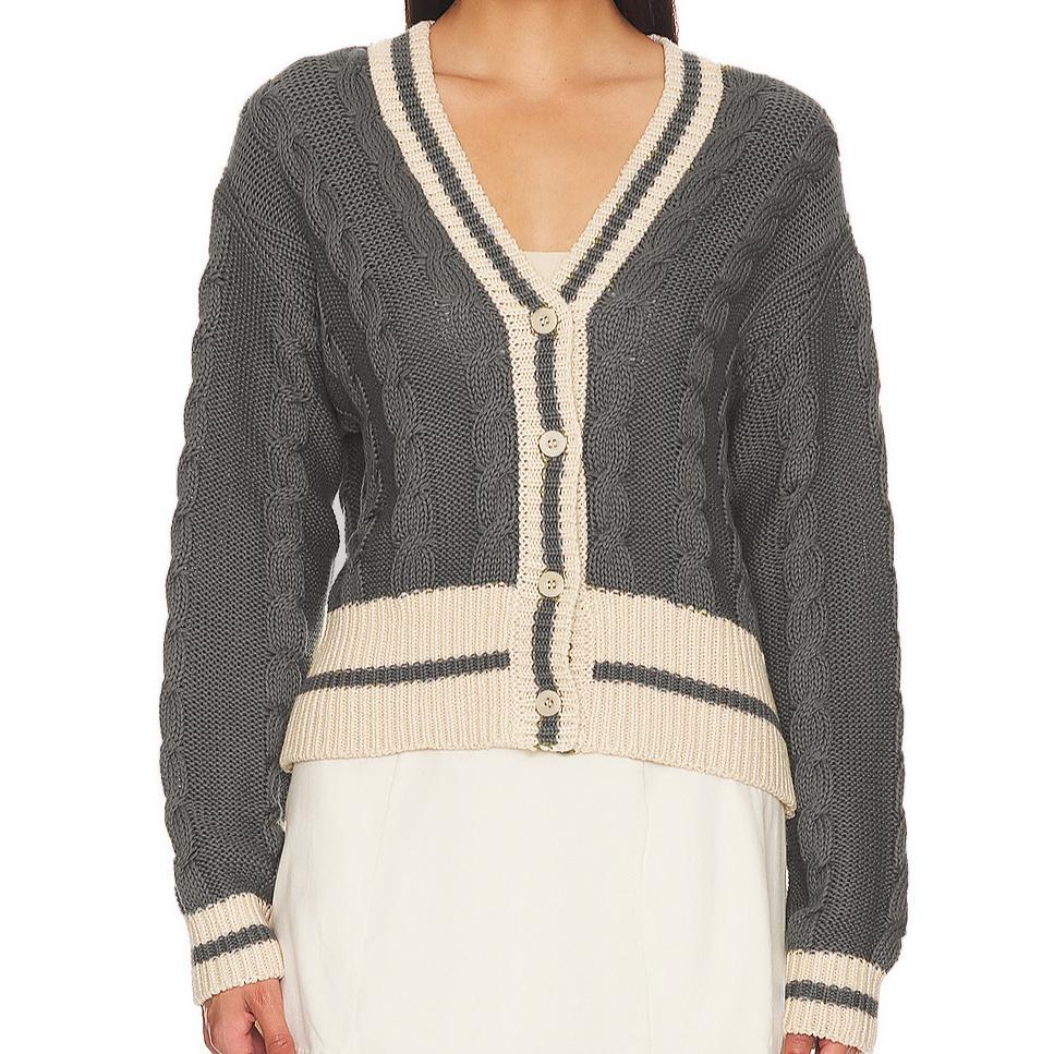 

GMXIA Женский кардиган с V-образным вырезом и цветными блоками, вязаный кардиган, свободный модный джемпер на осень и зиму XL серый