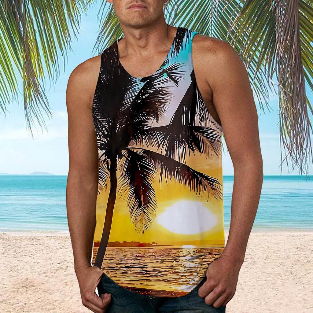 Mens Fashion Hawaiian Beach Sports Tank Top Men Gym Print Vest