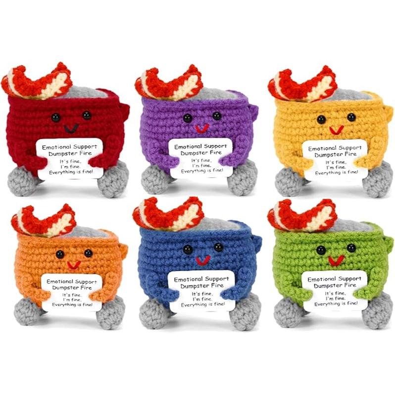 6PCS Emotional Support Crochet Dumpster Fire with Positive Card, Funny Handmade Knitted Toys Inspirational Emotional Support Birthday Gifts for 6 Pcs Type6