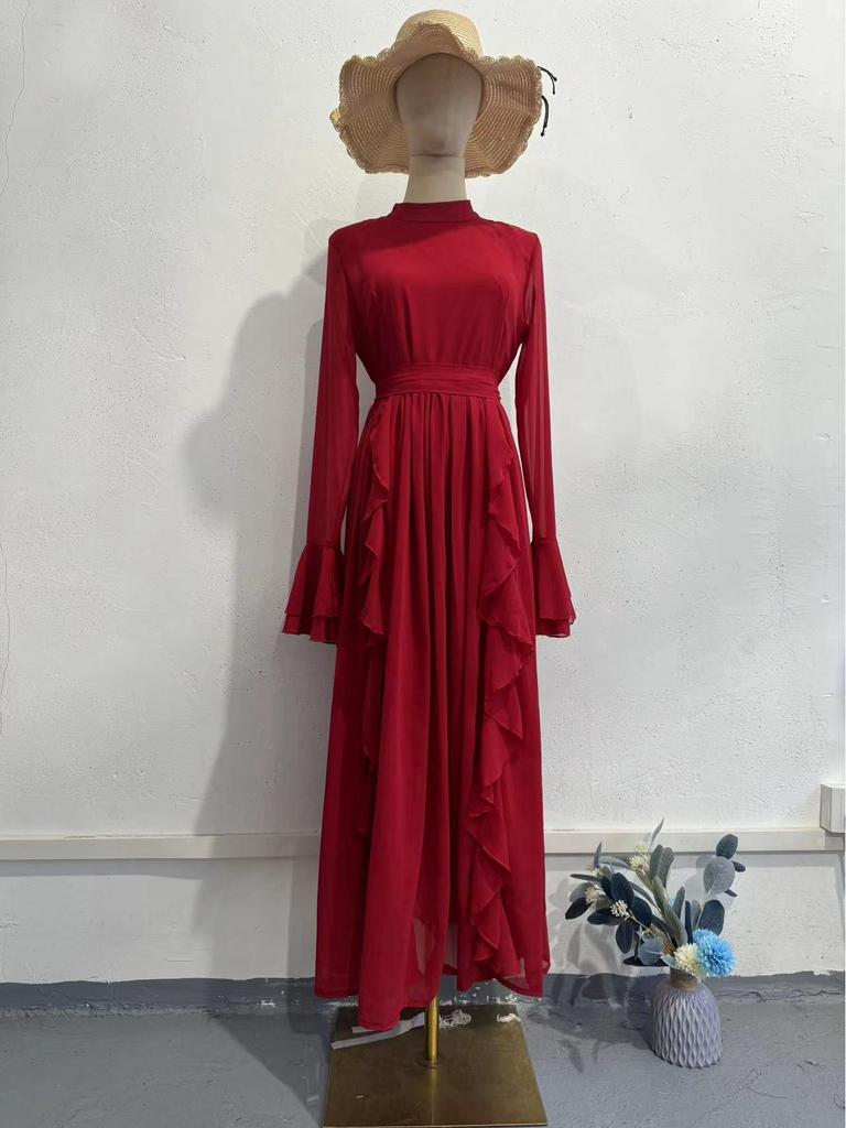 Autumn Chiffon Ruffle Semi-High Neck Long Dress