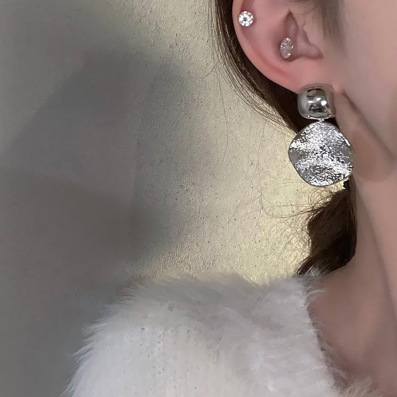 Silver Needle European and American Exaggerated Frosted Folded Disc Earrings Earrings Commuter Versatile Earrings Women