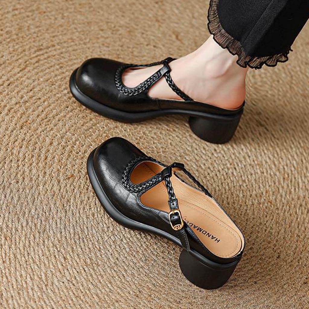 Krazing Pot Cow Skin Round Toe Size 42 Thick Round Med Heels Slip on Platform Mules Gladiator Autumn Pumps