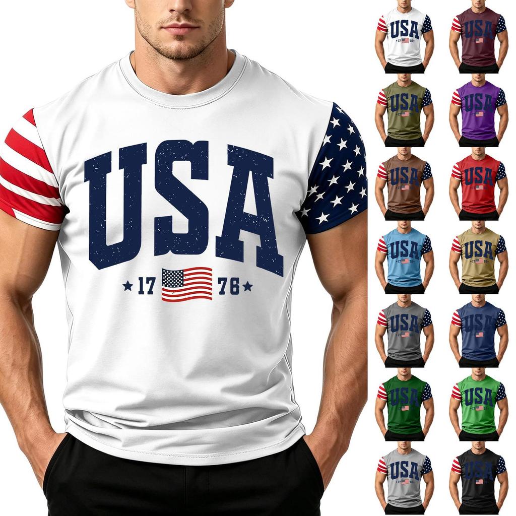 Men's Independence Day Flag Print Short Sleeve T-Shirt, Loose Casual Daily Summer Tops