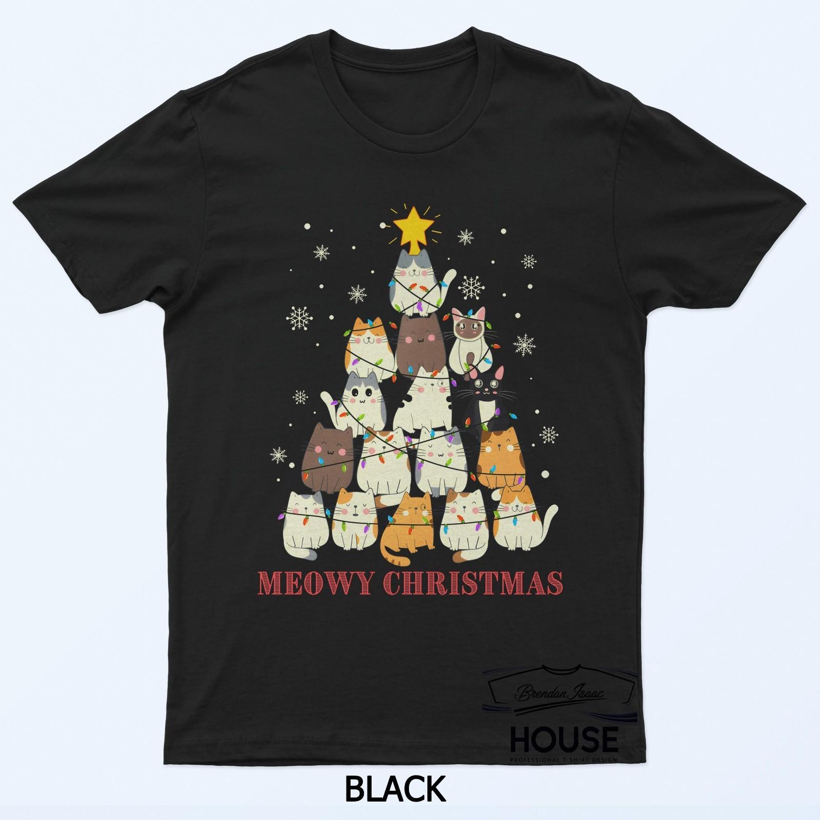 Meowy Christmas Cute Cat Tree Lights T-Shirt XXXL