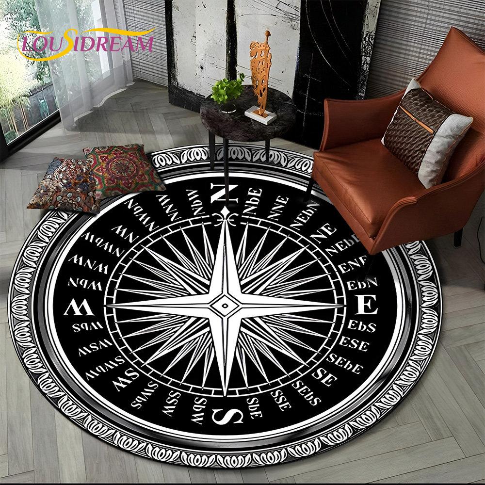 3D Retro Compass Series Circle Area Rug,Round Carpet Rug for Living Room Bedroom Sofa Foot Pad Decor Non-slip Floor Mat Gift
