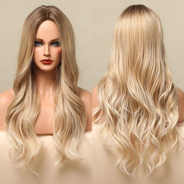 Long Wave Synthetic Wigs Ombre Black Blonde Wig with Side Bangs Heat Resistant Fiber Daily Party Hair Cosplay Wigs for Women