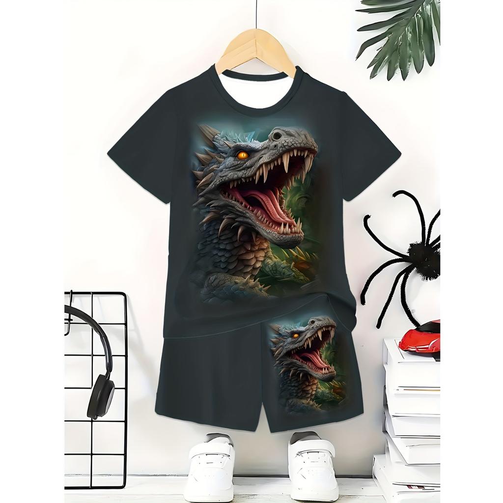 Boys' Set of Fashionable 3D Printed Casual Pullover, Short Sleeved Shorts, T Sports Shirt, Boys' Outdoor T-shirt Shorts Set