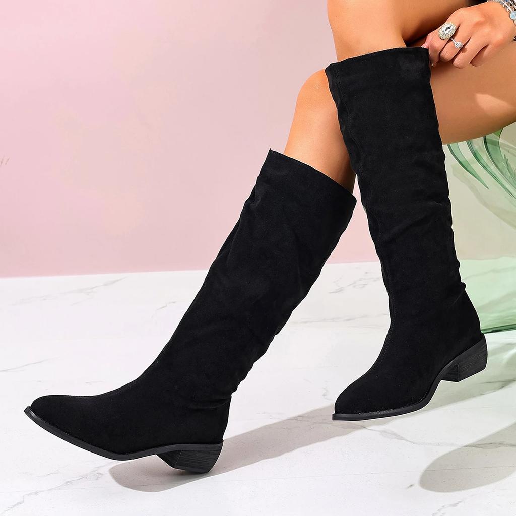 Fashion Sexy Leopard Suede Knee Boots Women 2025 Autumn Pointed Toe Medium Heel Slip on Long Boots Fashion Design Soft Pleated Boots