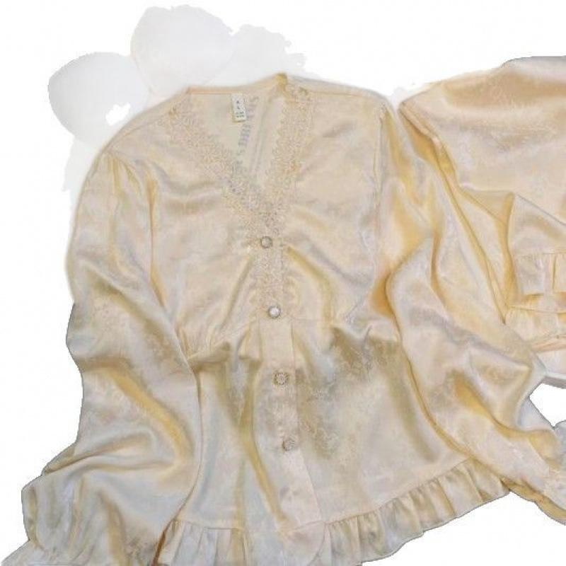 1011 spring and autumn new ice silk pajamas women's jacquard long-sleeved trousers thin court style high-end loungewear set