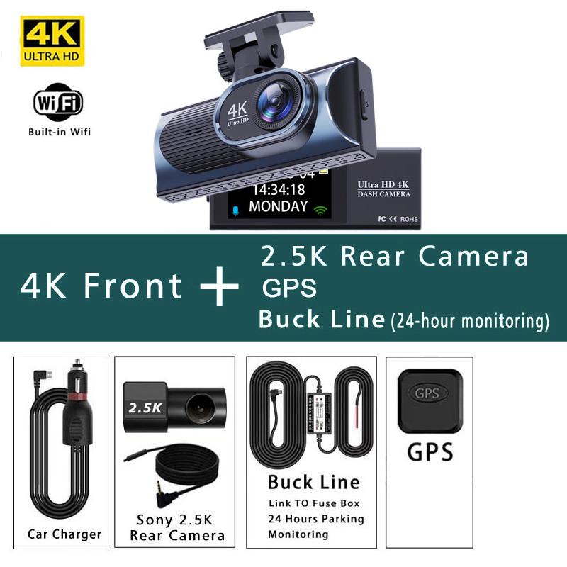 4K WIFI Dash Cam GPS 2160P Car DVR Front And 2.5K Rear Dual Lens Auto Car Camera With WDR Night Vision Black Box 24H Parking