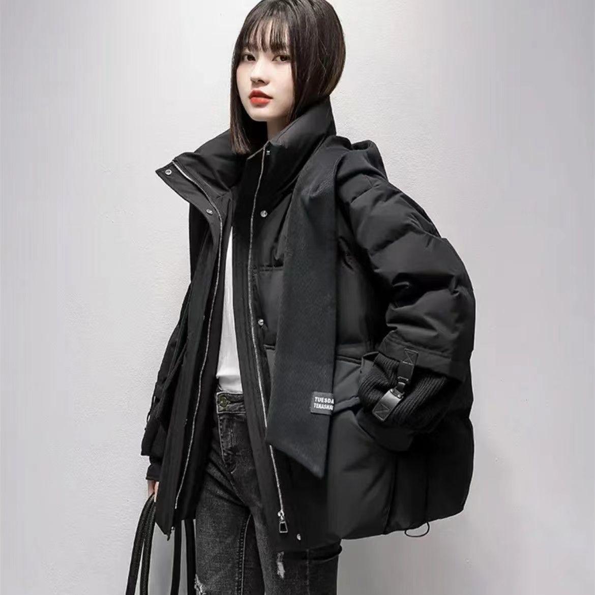 

Потовщена зимова студентська куртка з бавовняною підкладкою, коротке тепле пальто з шарфом M чорний