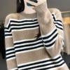 Retro College Style 100% Wool Striped Round Neck Sweater - Thick, Warm, Versatile Autumn/Winter Top