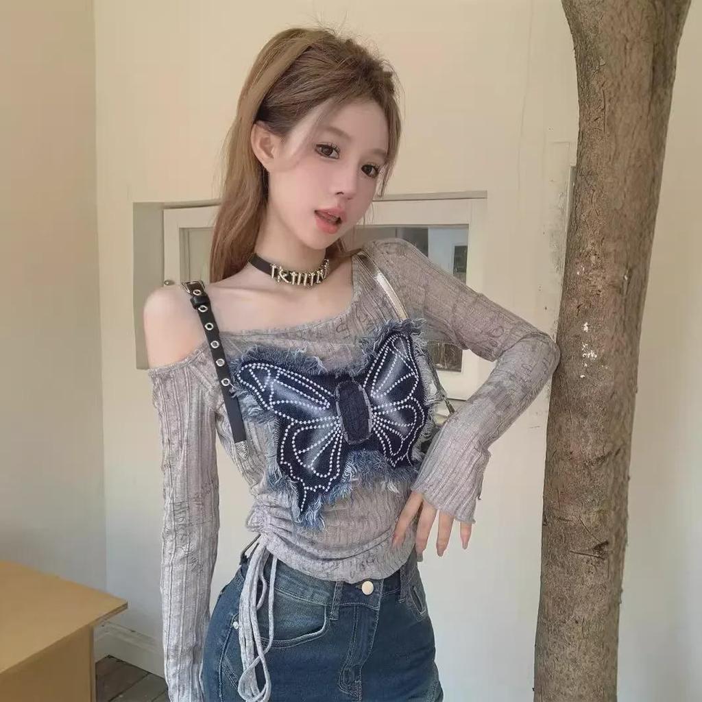 American Retro Y2K Off-Shoulder Butterfly Denim Top for Women