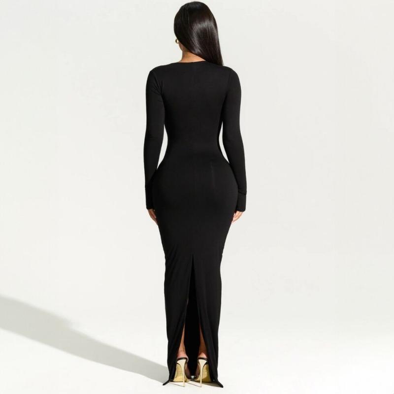 Women Long Sleeve Slant Neck Sexy Slim Back Split Dress
