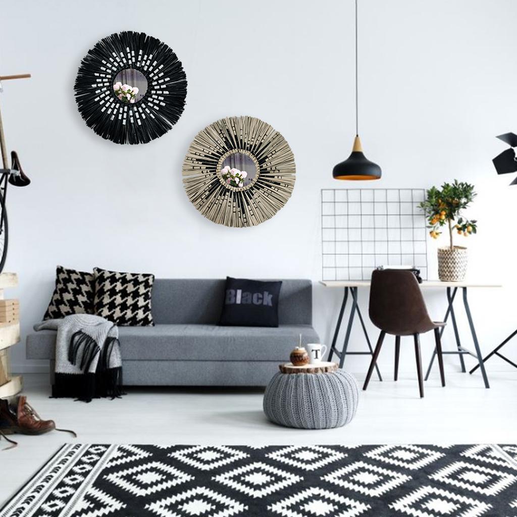 Espejo de Maquillaje Artístico de Paja Trenzada Espejo Decorativo de Salón Decoración para Colgar en la Pared Espejo Dormitorio Baño Espejo de Tocador