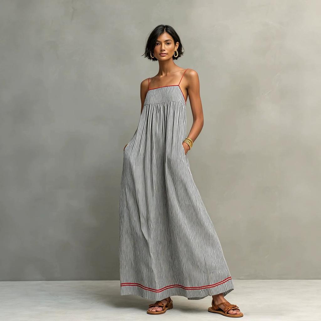 Women's Striped Spaghetti Strap Maxi Dress Loose Casual Sleeveless Long Dress with Pockets