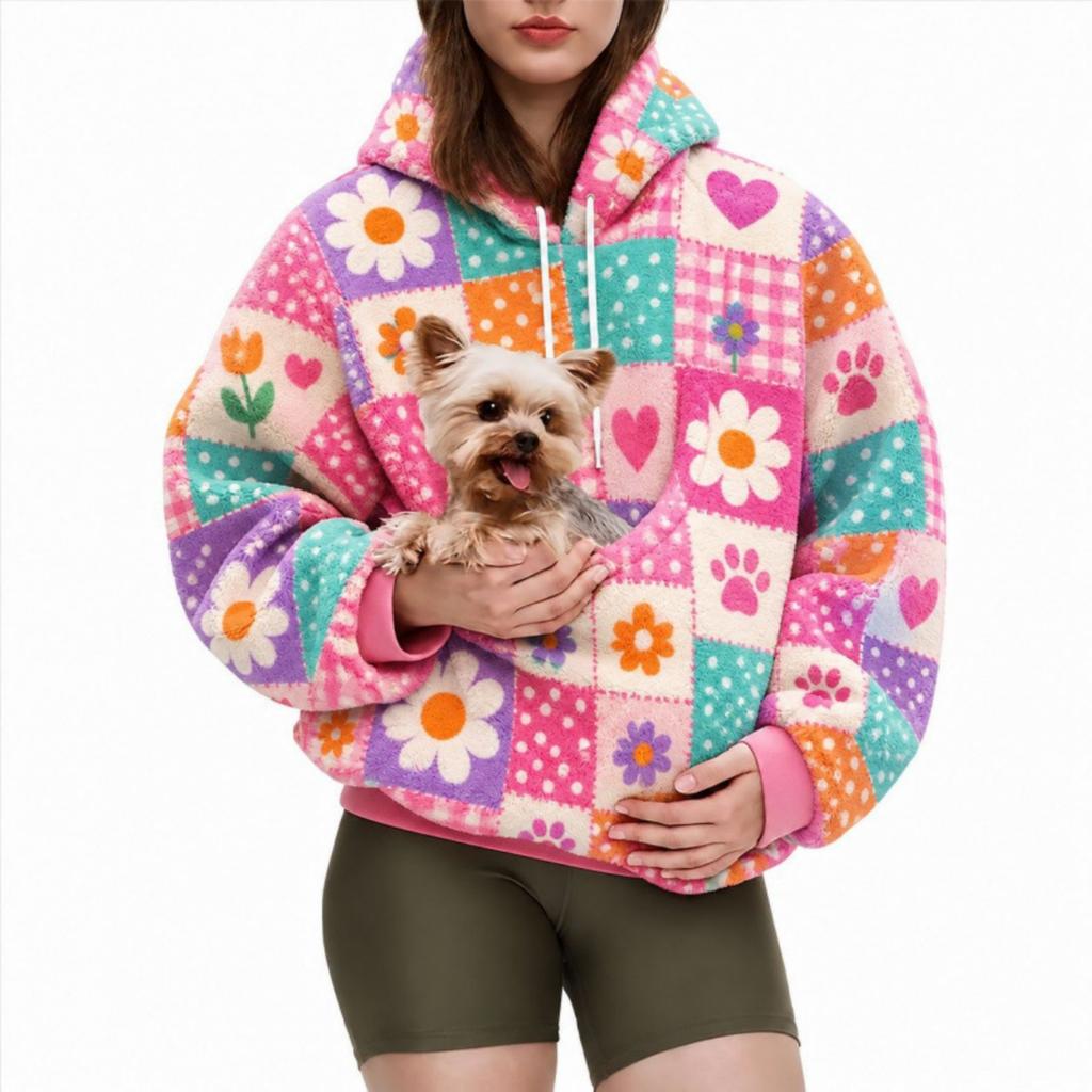 Women's Candy Color Print Hoodie with Pet Pouch for Casual Wear