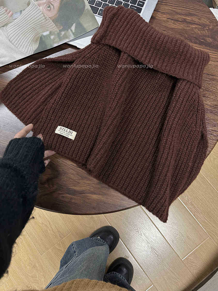 

Шаль с разрезом и высоким воротом, женский сезонный черный пуловер, комплект с шейным платком, вязаный шарф для защиты от холода и сохранения тепла на внешнем шарфе темно-коричневого