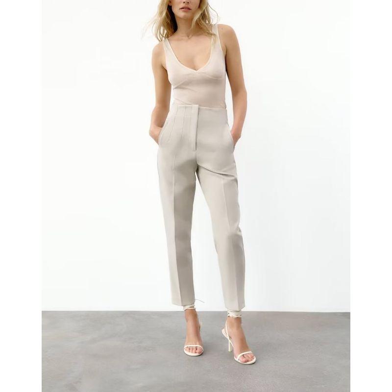 Fashion Commuter Front Pleated Ankle-High Waist Casual Pants