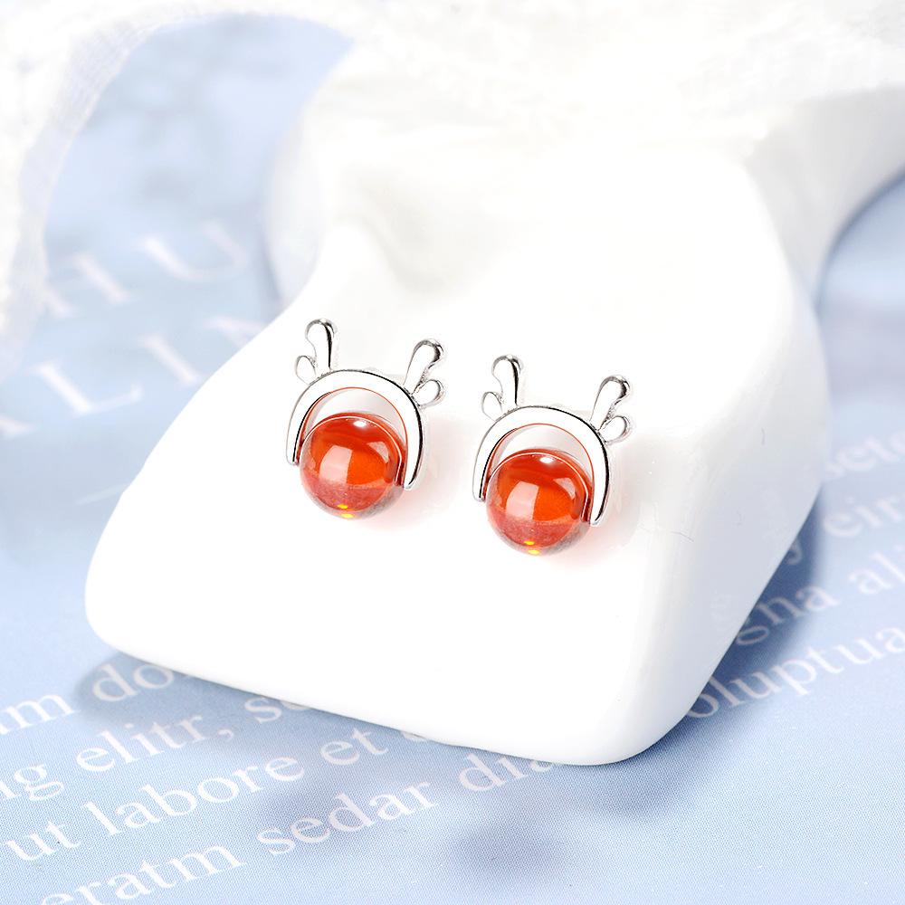 Garnet Reindeer Antler Studs: Festive Korean-Style Earrings for Women and Students