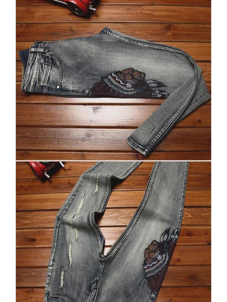 Men's Trendy Elastic Slim Fit Ripped Embroidered Jeans for Spring and Autumn High-Street Style