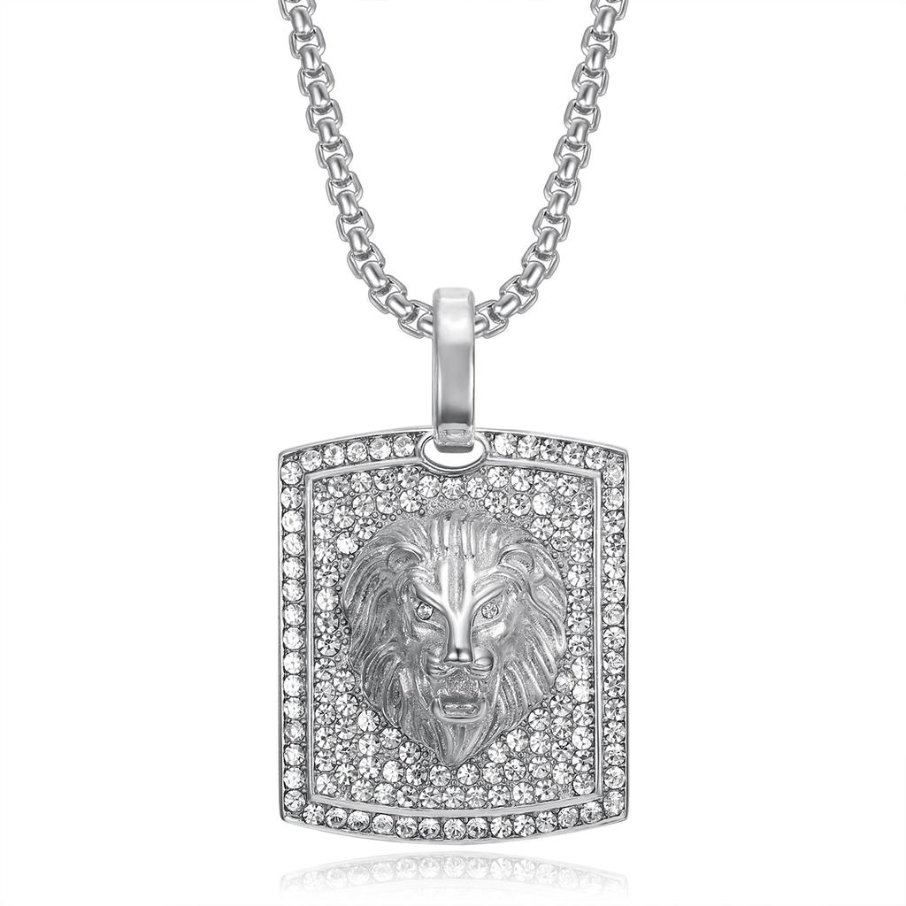 Hot New Hip Hop Jewelry Titanium Steel Gold Plated Diamond Inlaid Animal Lion Head Pendant Necklace