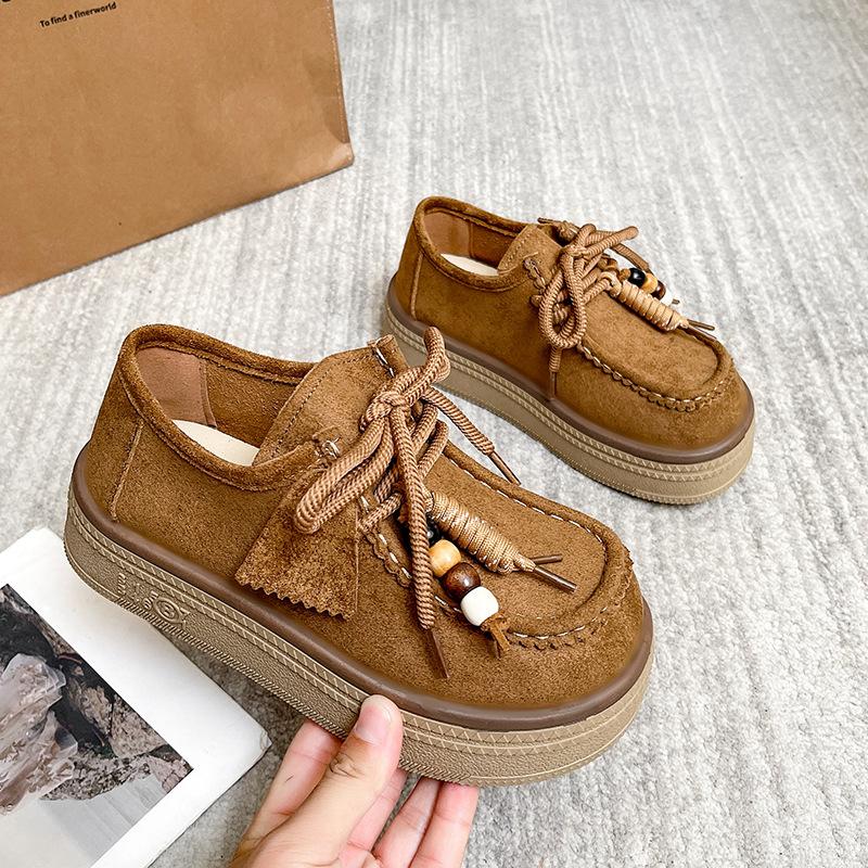 Leather platform women's all-inclusive lace-up kangaroo shoes heightening women's shoes new loafers small leather shoes single shoes