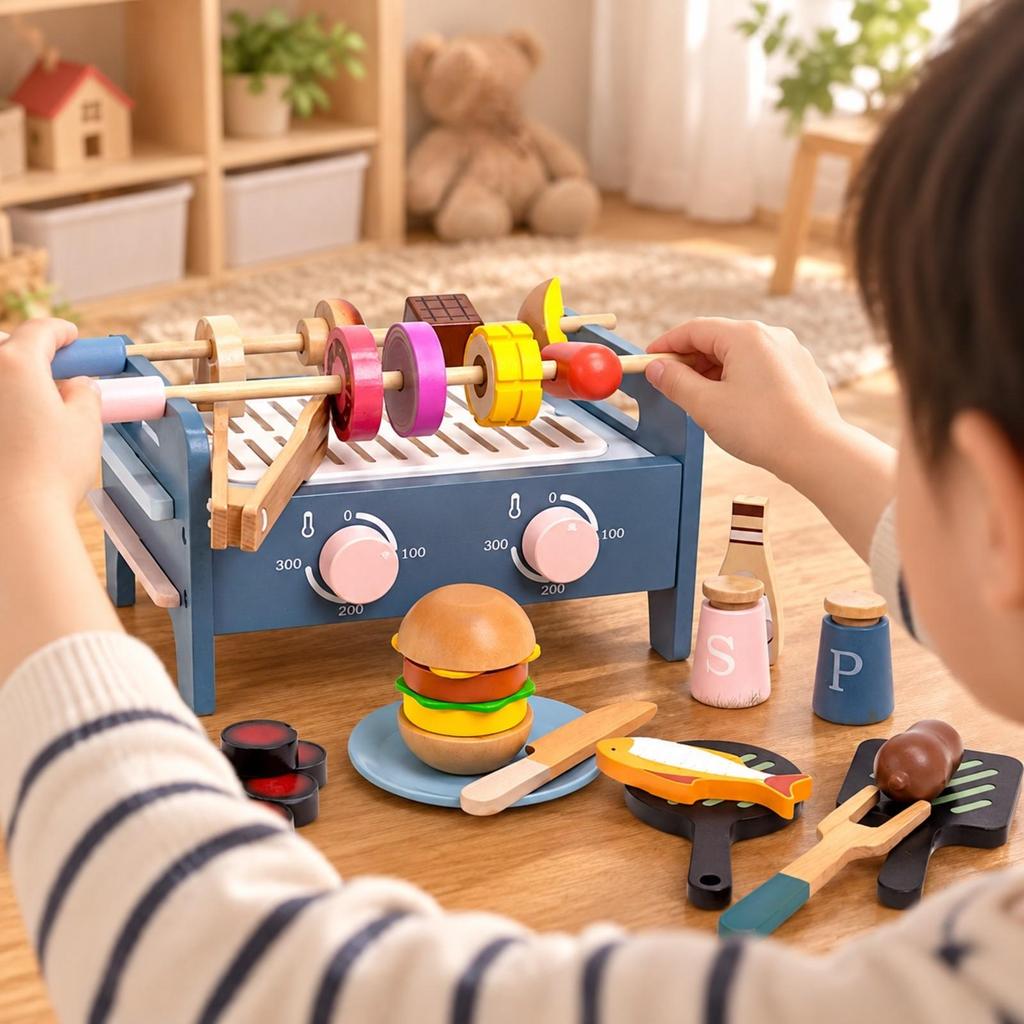 Wooden Barbecue Playset with Play Food Imaginative for Playroom