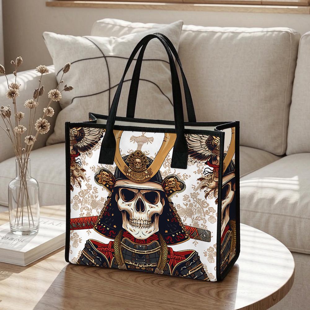 Cool Samurai Skull Pattern Tote Bag Trendy Street Style Daily Use Portable Shopping Handbag