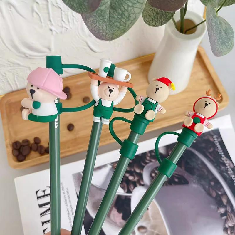 1PC Cute Bear Silicone Straw Cover Caps 7-8mm Straw Topper Reusable Splash Dust-proof Straws Cover For Tumbler Cup Accessories