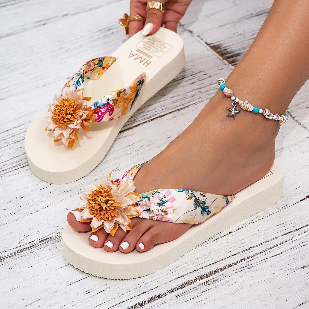 Summer Flip-flops for Women, Bohemian Silk Fabric Slip-on Sandals, Casual Wedge-heeled Beach Sandals for Women