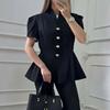  European and  women's clothing new solid color button stand-up collar short sleeve waist wide swing top wide leg pants set
