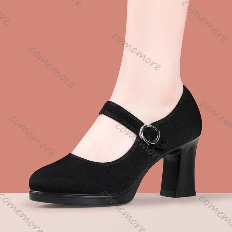 Comemore Women High Heels Shoes 2025 Spring Autumn Black Suede Pumps Casual Buckle Strap Dress Round Toe Heels for Women