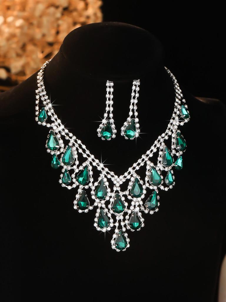 European Style Diamond-Inlaid Evening Necklace & Jewelry Set for Brides