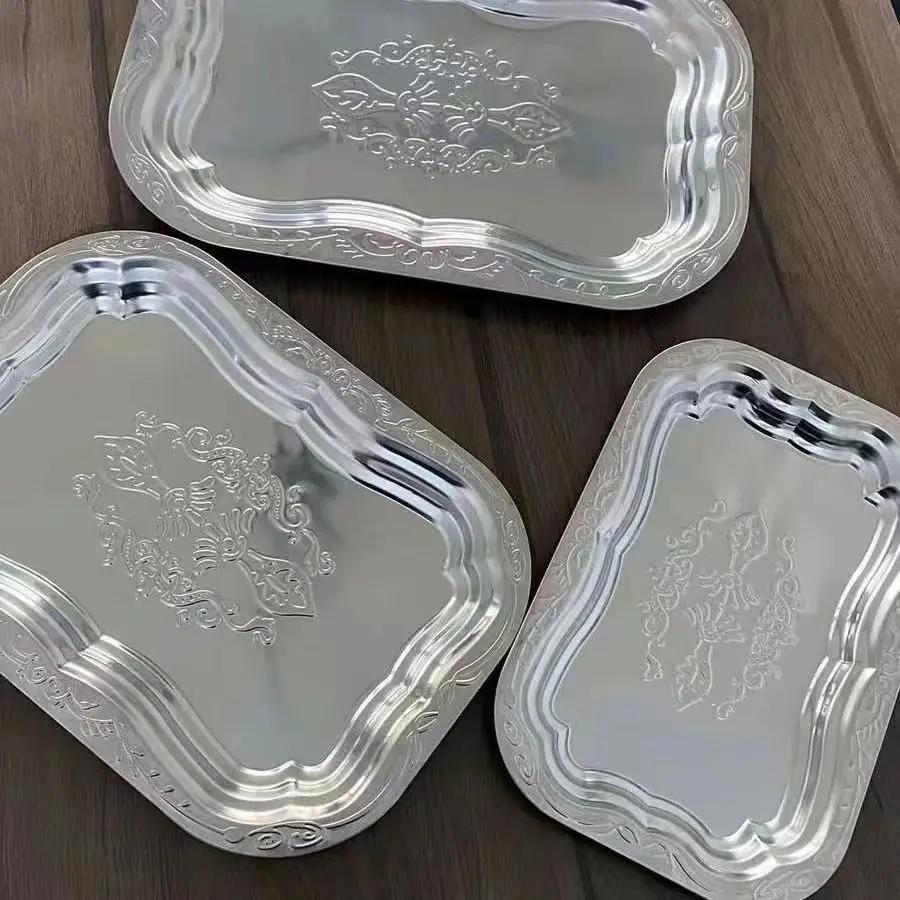 1 STÜCK Rechteckiges Tablett aus Edelstahl mit geprägtem Design für Küche Wohnzimmer Aufbewahrung Langlebige Servierplatte für Obst, Snacks, Kuchen