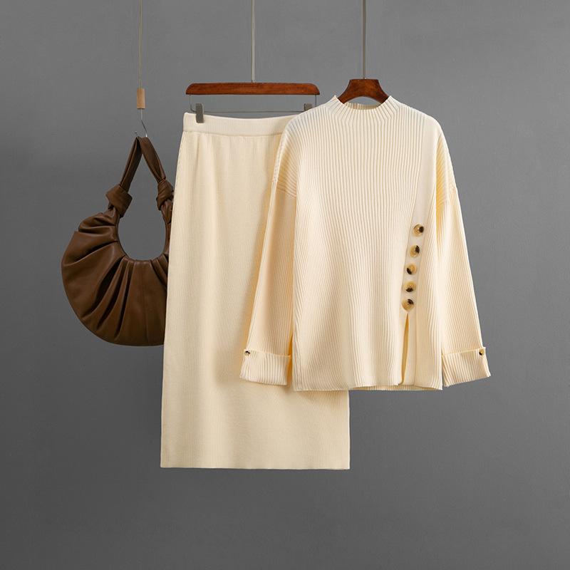 Fashion Set Women's Autumn Winter Side Split Button Decoration Sweater Half Skirt Two Piece Set