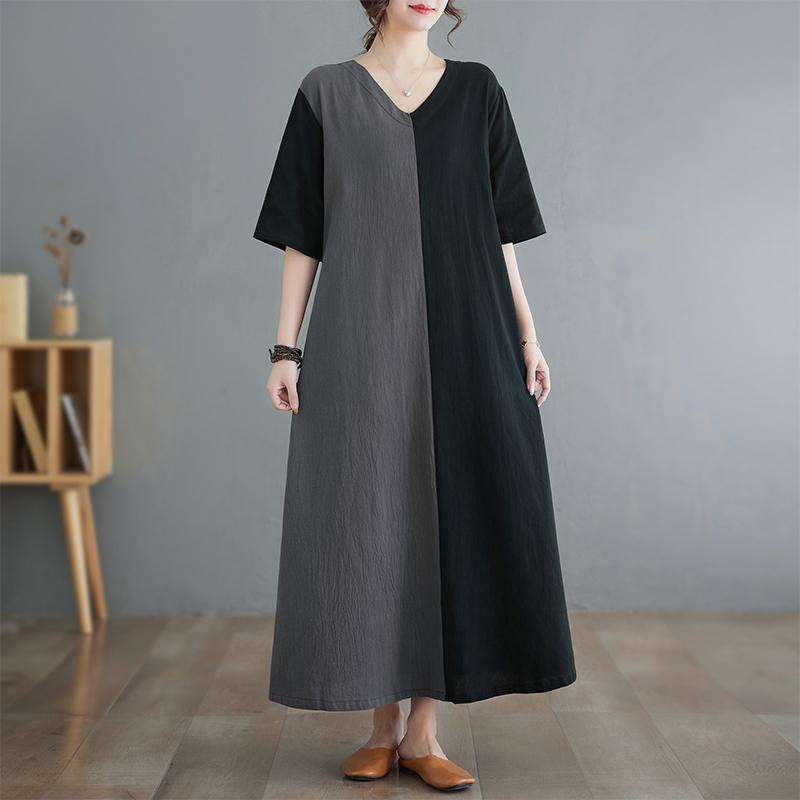 Dimanaf 2025 New Summer Women Plus Size Loose Vintage Dress Basic V-Neck Casual Long Dress Linen Maxi